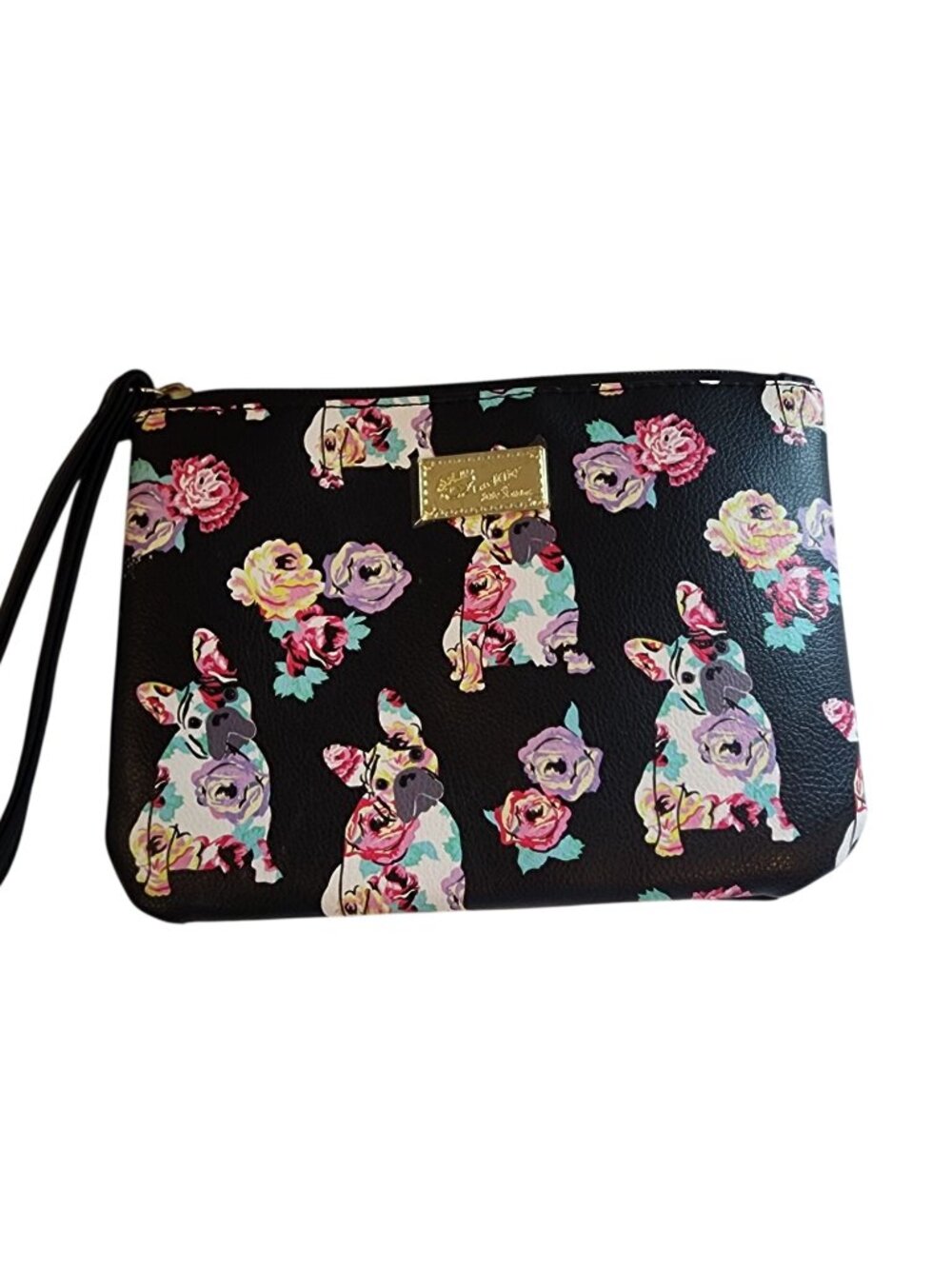 Betsey Johnson Floral French Bulldog Zip Pouch Wristlet 8 x 6